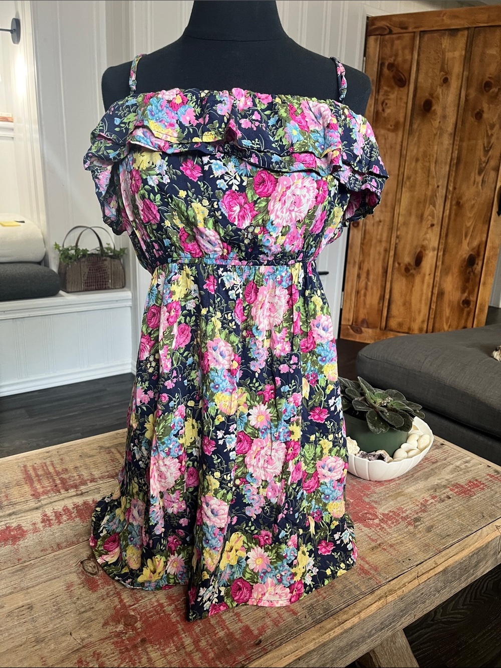 Urban Behavior Navy Floral Ruffle Mini Dress with Pink & Yellow Blooms